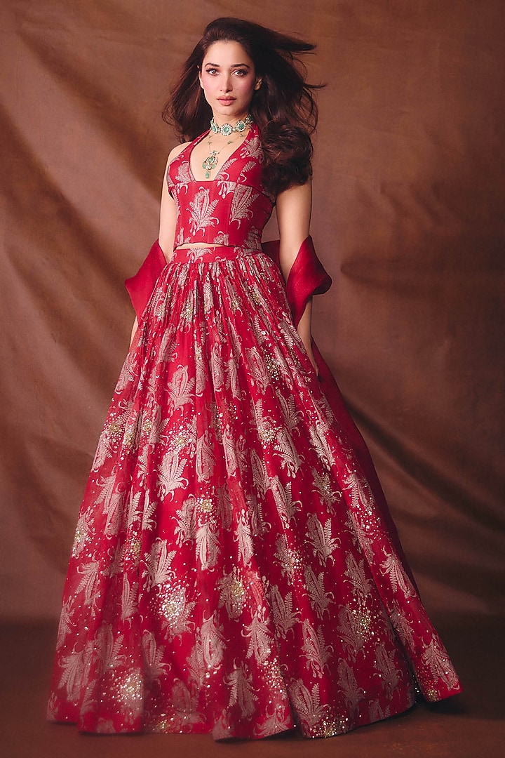 Royal Red Organza Embroidered Skirt Set by Bhumika Sharma at Pernia's Pop Up Shop