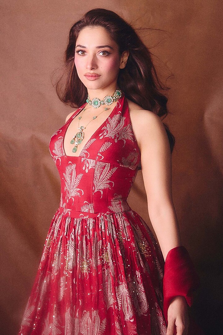 Royal Red Organza Embroidered Skirt Set by Bhumika Sharma at Pernia's Pop Up Shop