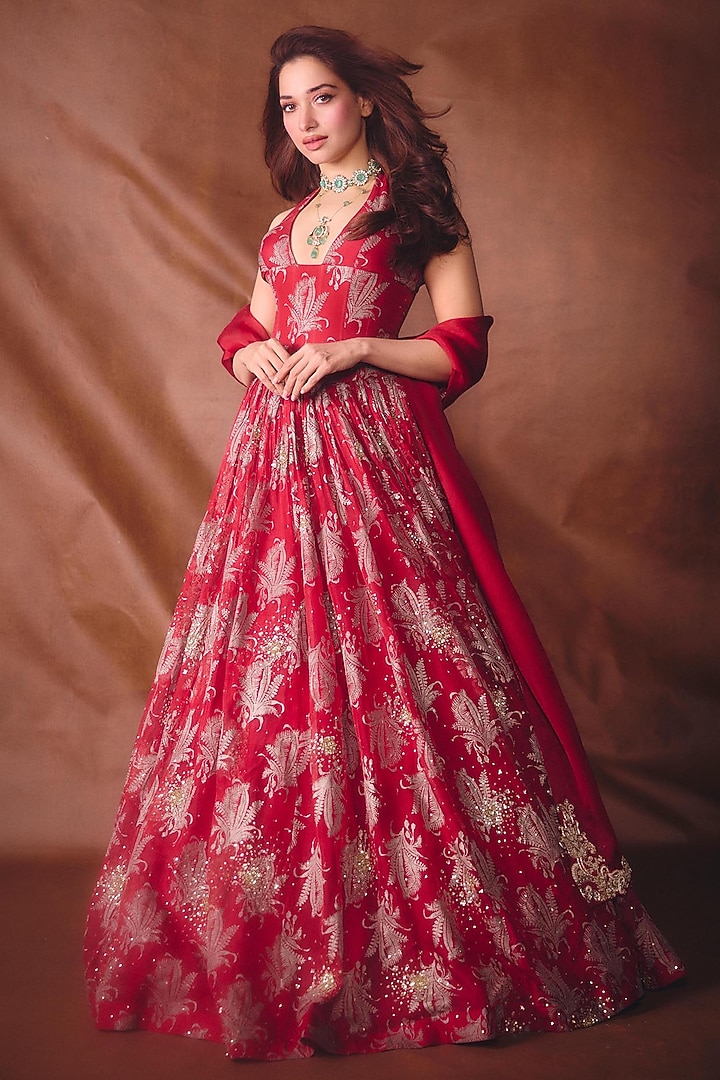Royal Red Organza Embroidered Skirt Set by Bhumika Sharma at Pernia's Pop Up Shop