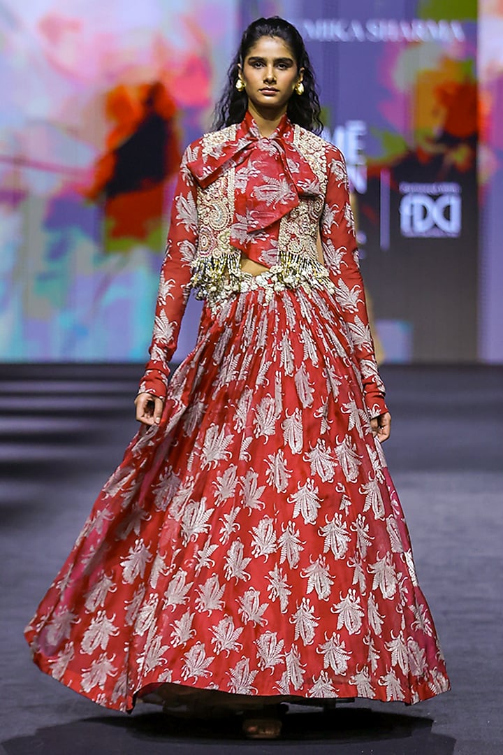 Red Georgette Embroidered Skirt Set by Bhumika Sharma at Pernia's Pop Up Shop