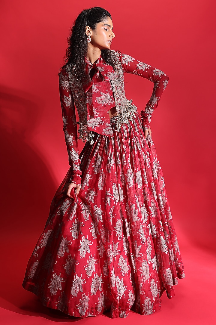 Red Georgette Embroidered Skirt Set by Bhumika Sharma at Pernia's Pop Up Shop