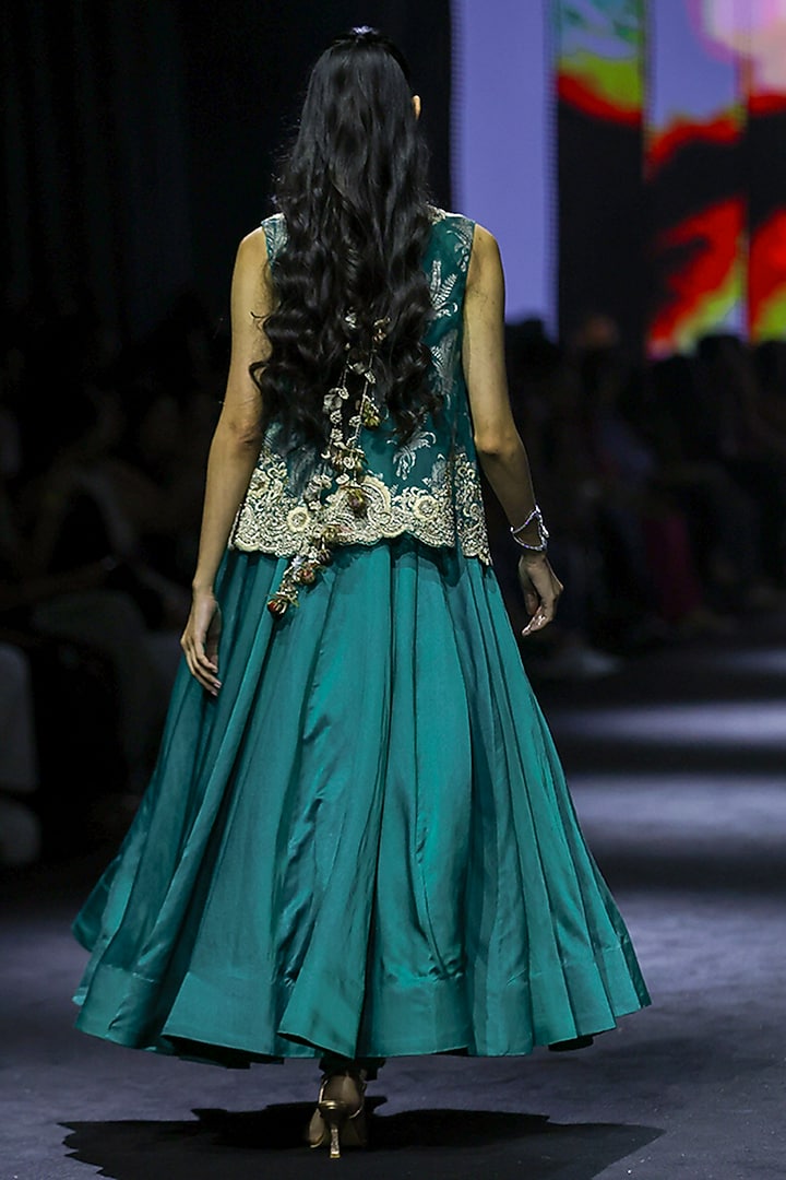 Teal Green Linen Satin Jacket Bridal Anarkali Set by Bhumika Sharma at Pernia's Pop Up Shop