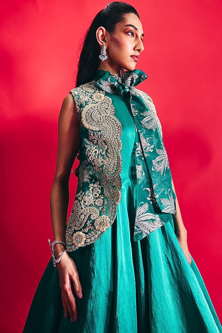 Teal Green Linen Satin Jacket Bridal Anarkali Set by Bhumika Sharma at Pernia's Pop Up Shop