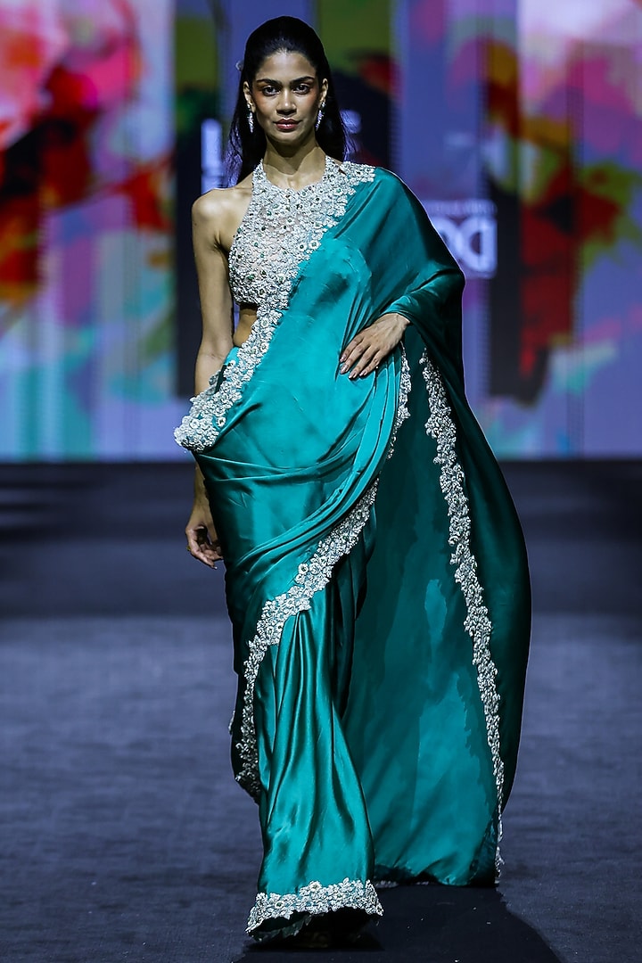 Teal Green Satin Embroidered Reception Saree Set by Bhumika Sharma at Pernia's Pop Up Shop
