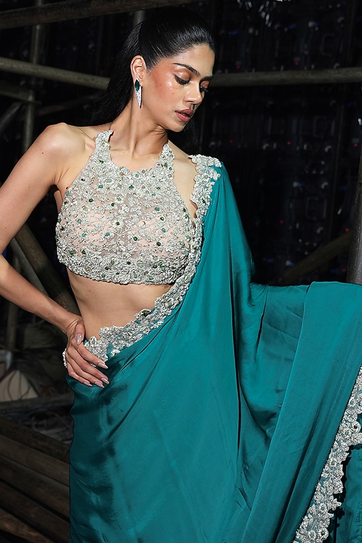 Teal Green Satin Embroidered Reception Saree Set by Bhumika Sharma at Pernia's Pop Up Shop