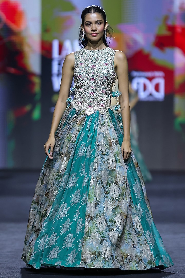 Teal Green Organza Embroidered & Printed Bridal Anarkali by Bhumika Sharma at Pernia's Pop Up Shop