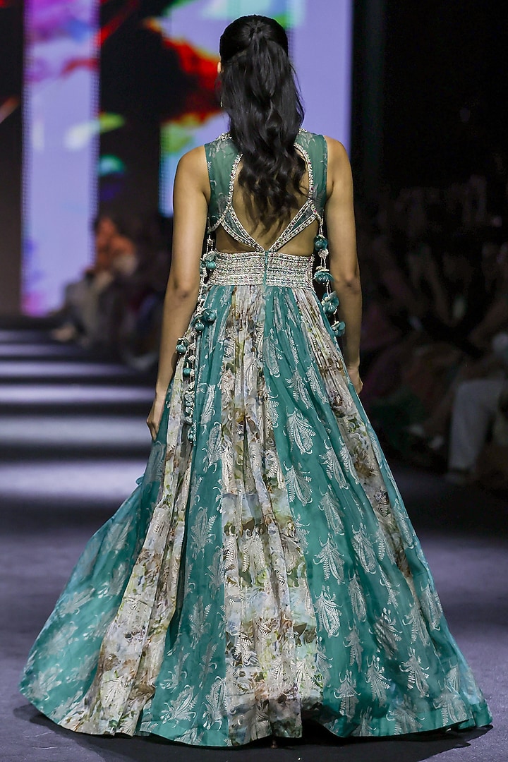 Teal Green Organza Embroidered & Printed Bridal Anarkali by Bhumika Sharma at Pernia's Pop Up Shop