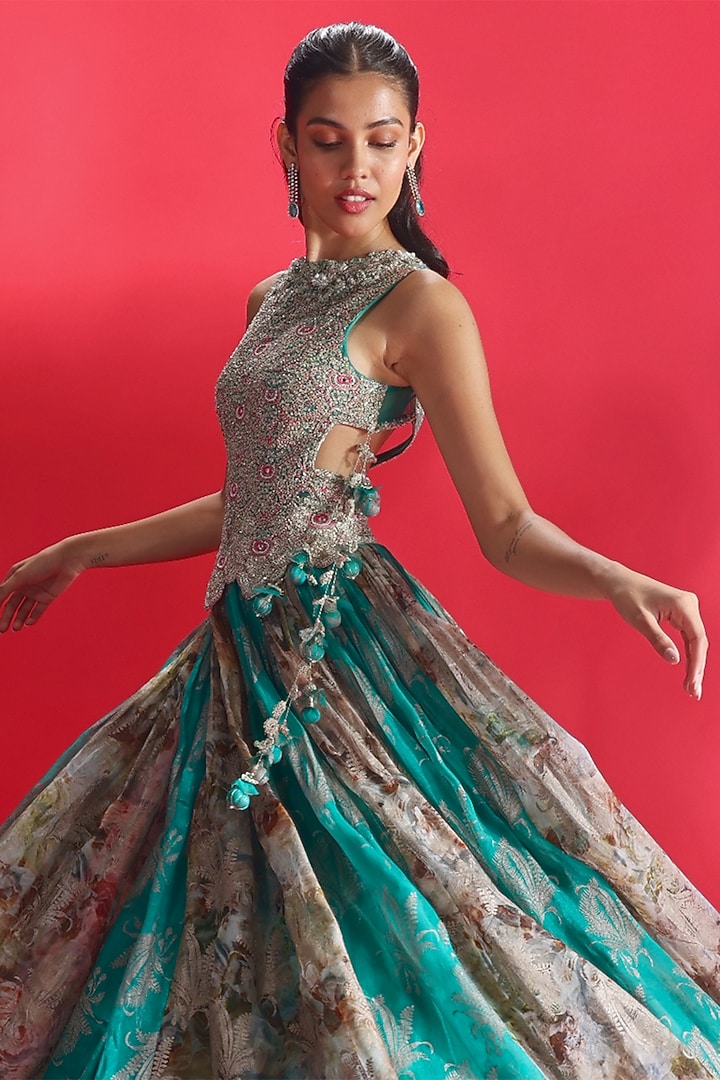 Teal Green Organza Embroidered & Printed Bridal Anarkali by Bhumika Sharma at Pernia's Pop Up Shop