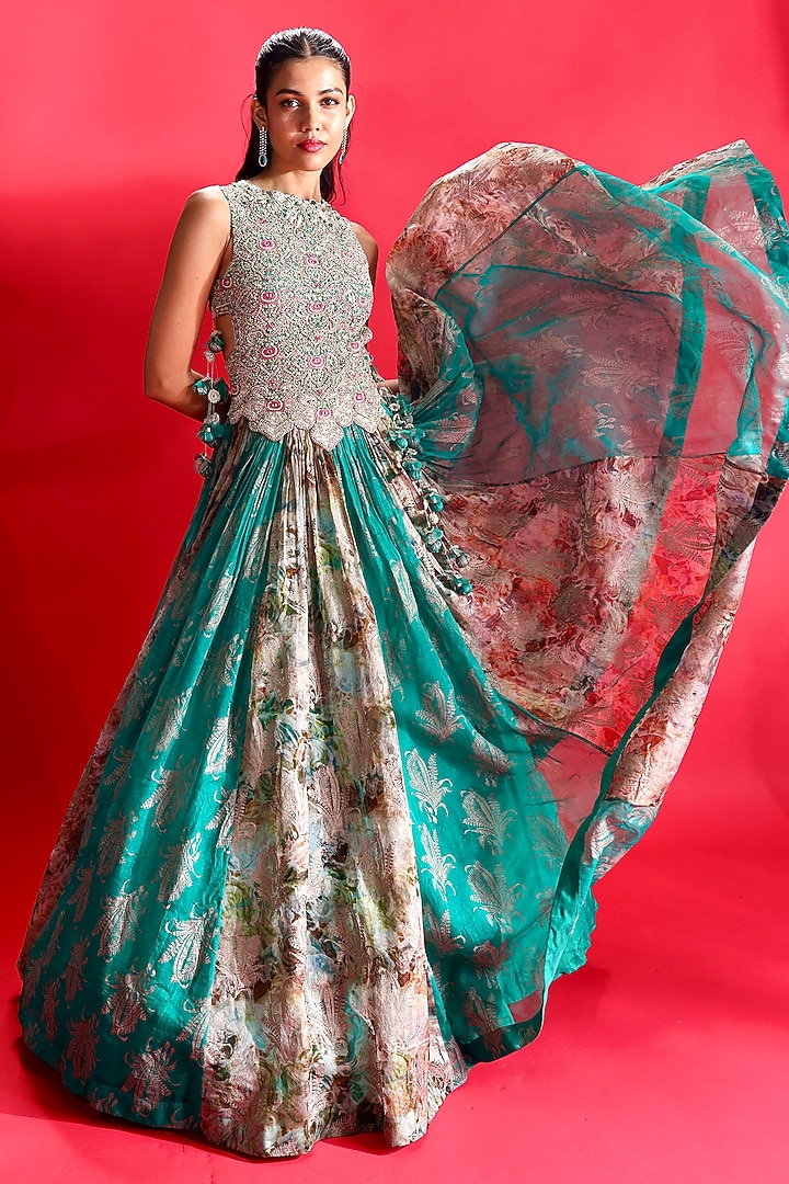 Teal Green Organza Embroidered & Printed Bridal Anarkali by Bhumika Sharma at Pernia's Pop Up Shop
