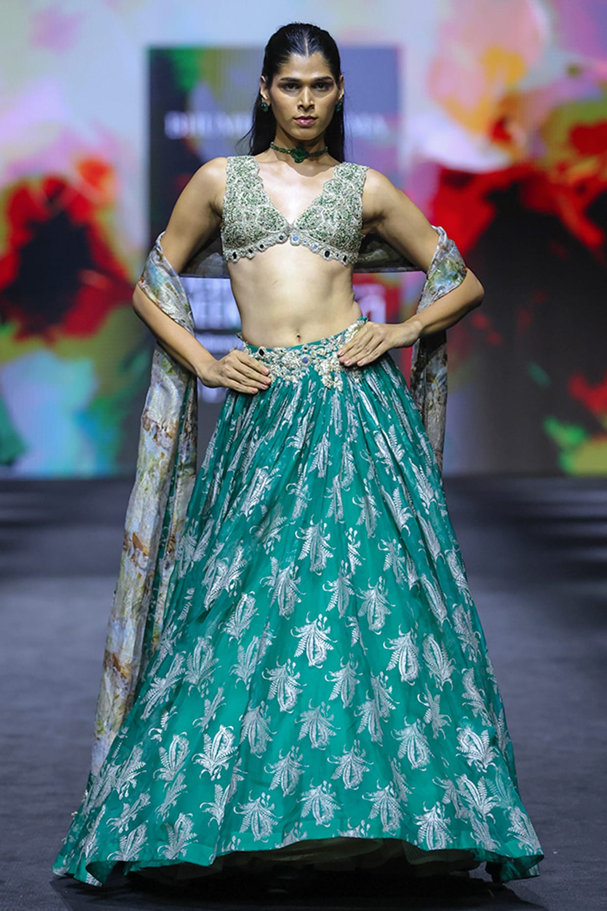 Bhumika Sharma Teal Green Organza Printed & Embroidered Bridal Lehenga Set