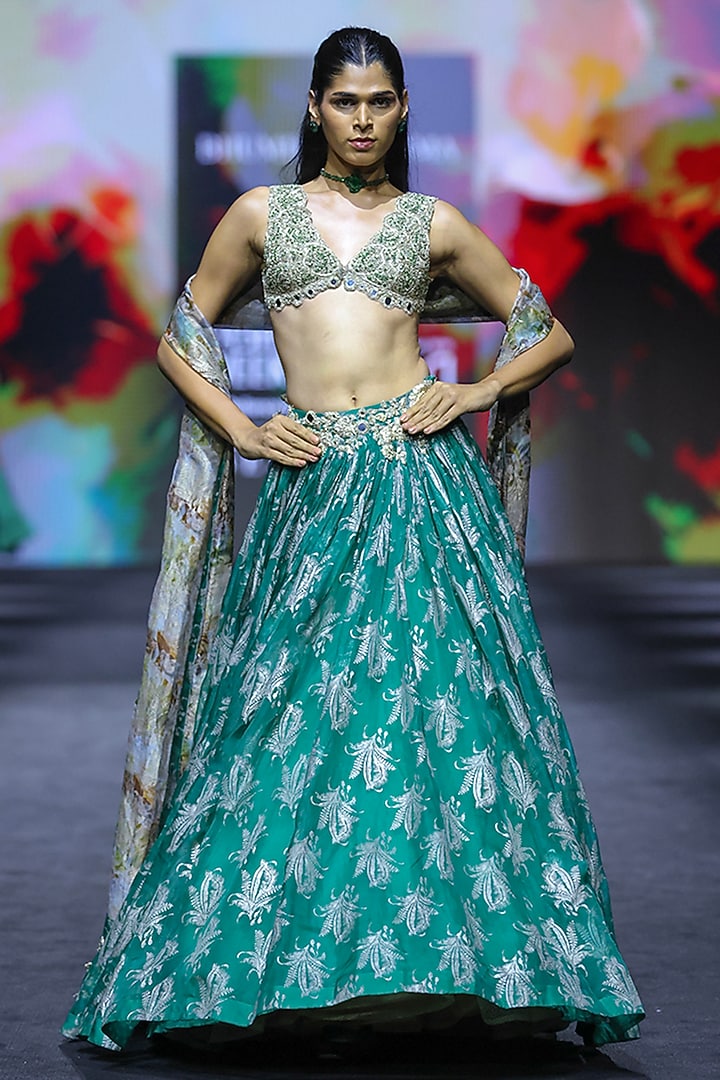 Teal Green Organza Printed & Embroidered Bridal Bridal Lehenga Set by Bhumika Sharma at Pernia's Pop Up Shop