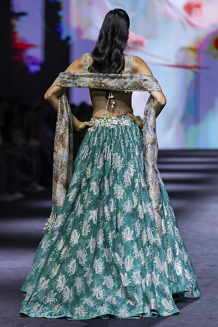 Teal Green Organza Printed & Embroidered Bridal Bridal Lehenga Set by Bhumika Sharma at Pernia's Pop Up Shop