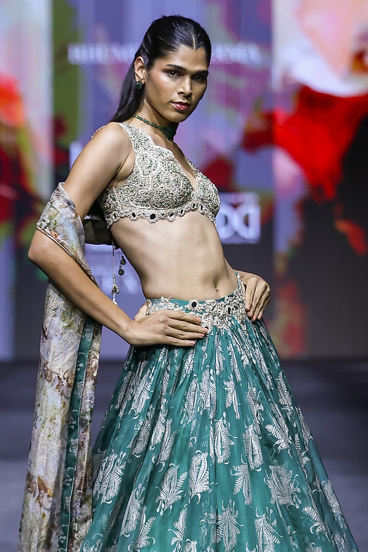 Teal Green Organza Printed & Embroidered Bridal Bridal Lehenga Set by Bhumika Sharma at Pernia's Pop Up Shop