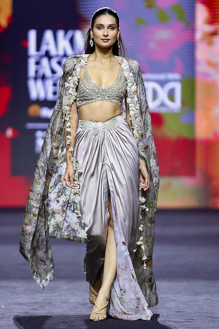 Nude Satin Silk Draped Skirt Set by Bhumika Sharma at Pernia's Pop Up Shop