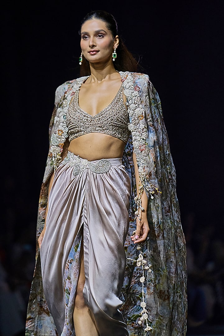Nude Satin Silk Draped Skirt Set by Bhumika Sharma at Pernia's Pop Up Shop
