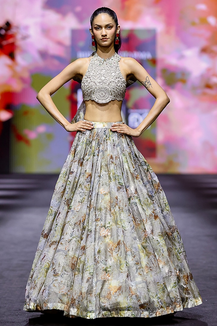 Nude Organza Abstract Printed Bridal Wedding Lehenga Set by Bhumika Sharma at Pernia's Pop Up Shop