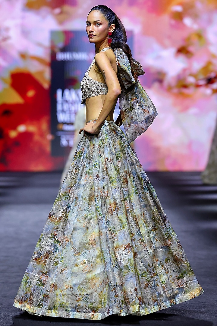 Nude Organza Abstract Printed Bridal Wedding Lehenga Set by Bhumika Sharma at Pernia's Pop Up Shop