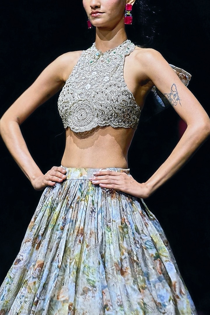 Nude Organza Abstract Printed Bridal Wedding Lehenga Set by Bhumika Sharma at Pernia's Pop Up Shop