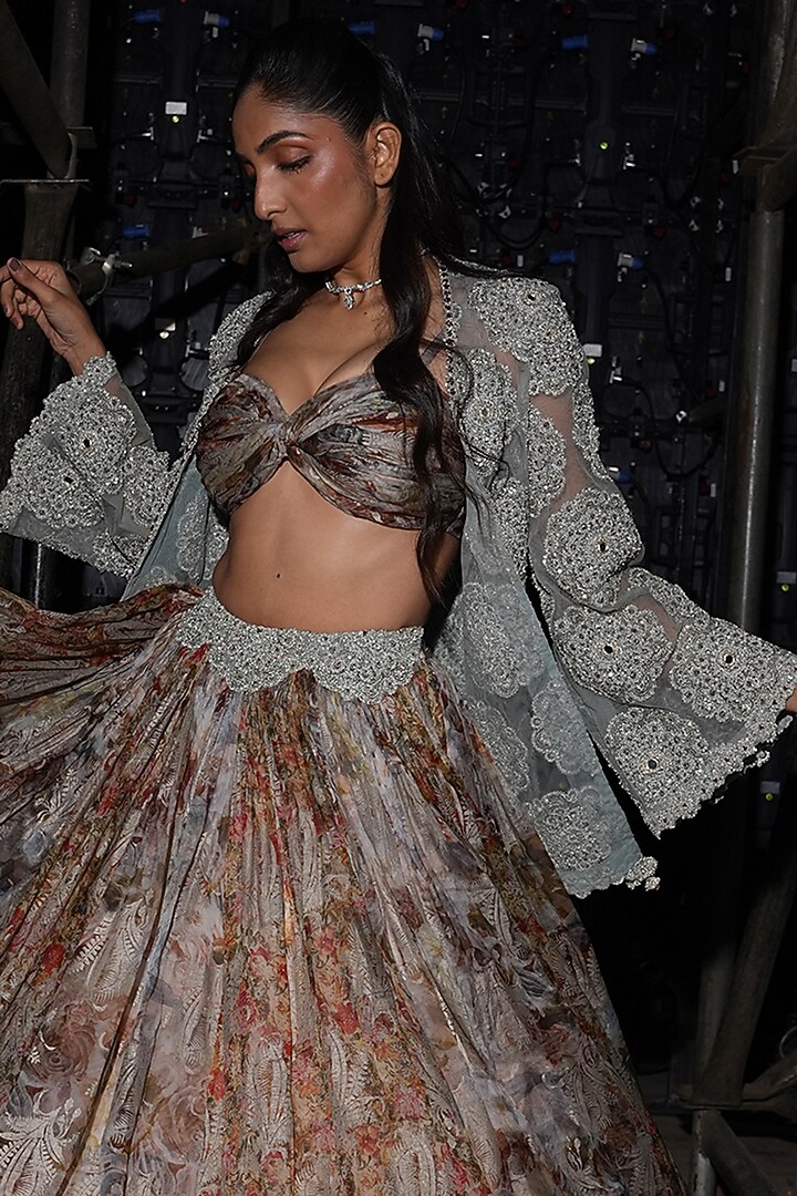 Nude Organza & Net Printed Skirt Set by Bhumika Sharma at Pernia's Pop Up Shop