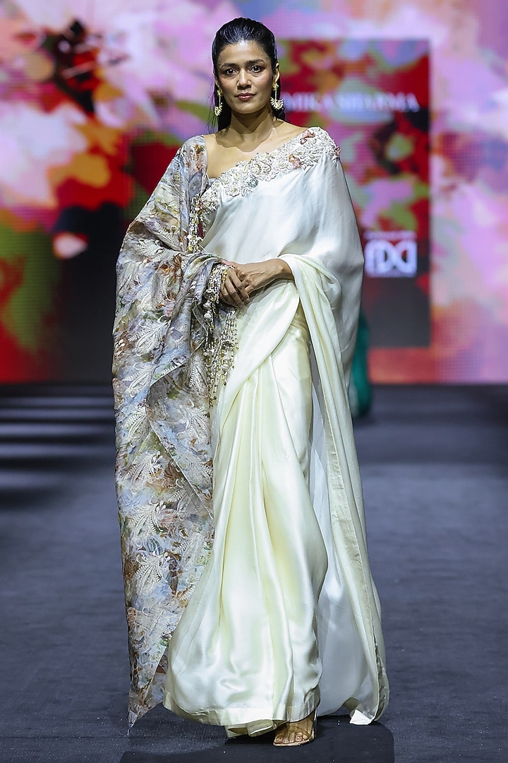 Ivory Satin Organza Embroidered Reception Saree Set by Bhumika Sharma at Pernia's Pop Up Shop