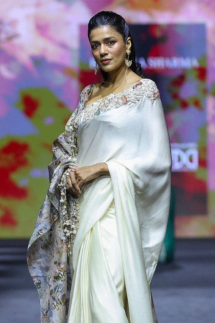 Ivory Satin Organza Embroidered Reception Saree Set by Bhumika Sharma at Pernia's Pop Up Shop