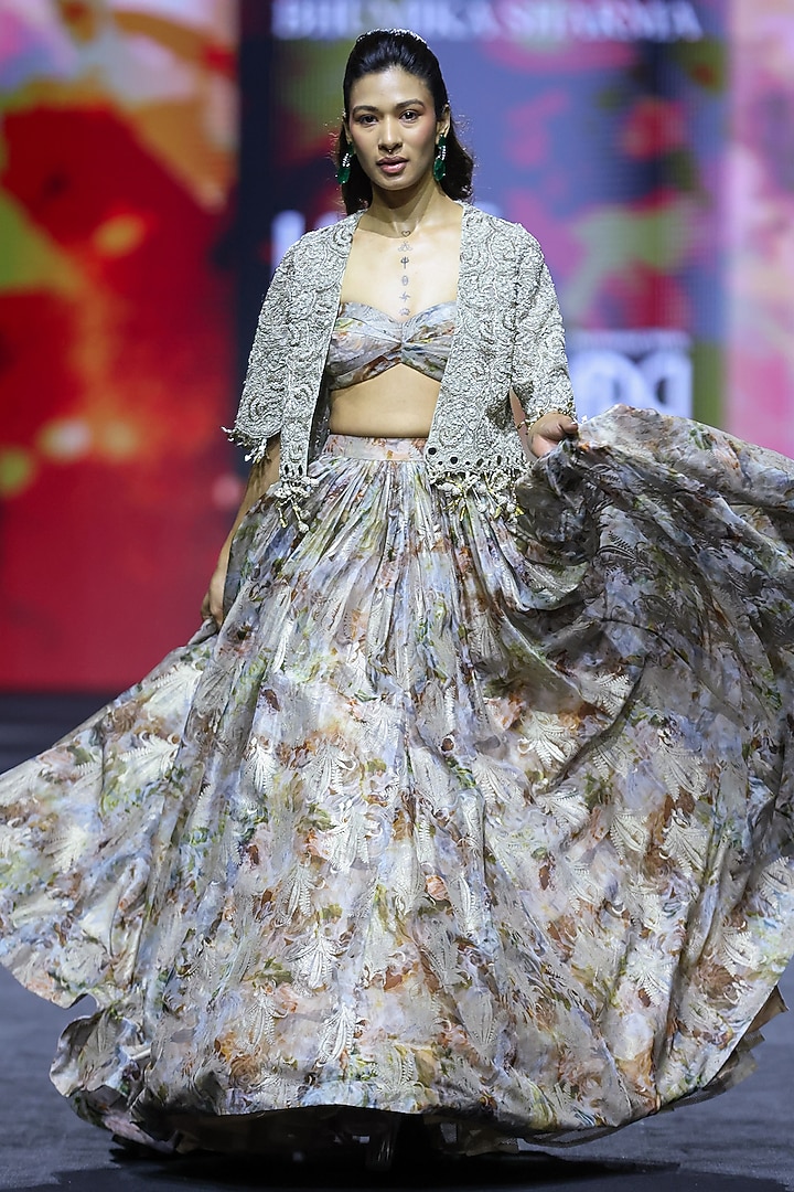 Nude Organza Printed Skirt Set by Bhumika Sharma at Pernia's Pop Up Shop