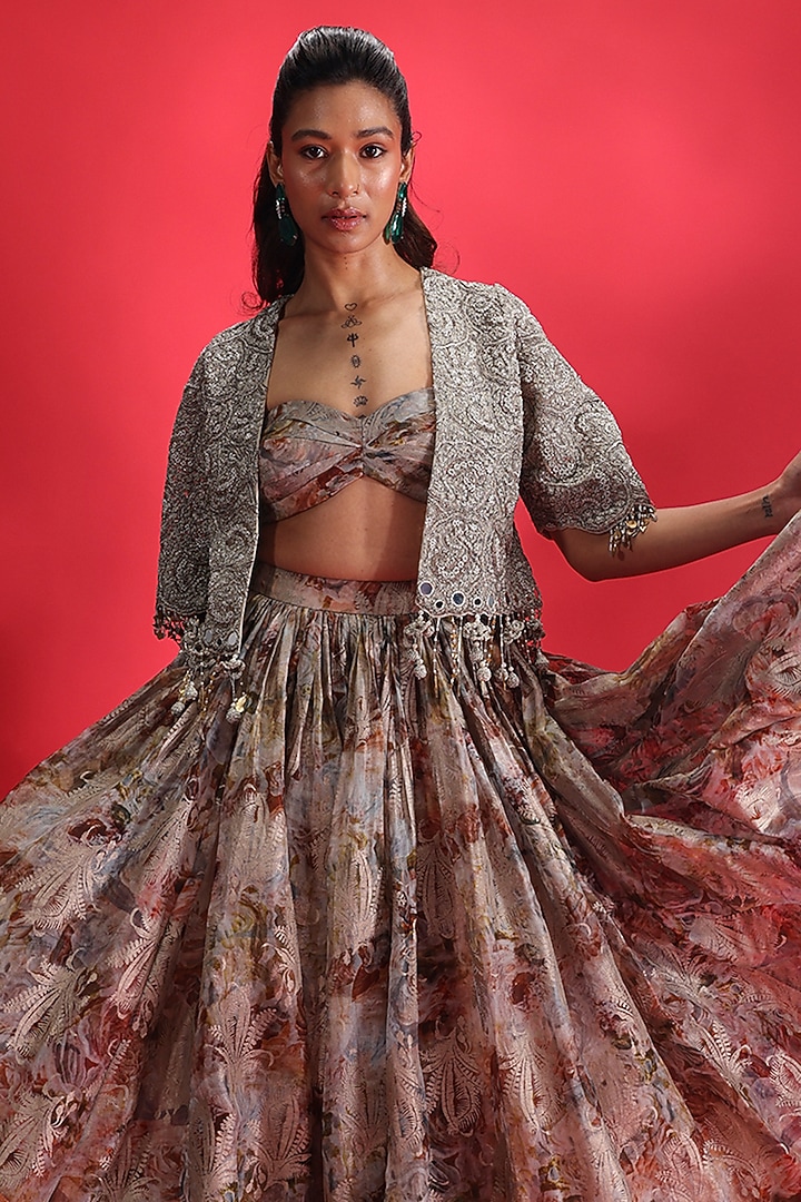 Nude Organza Printed Skirt Set by Bhumika Sharma at Pernia's Pop Up Shop