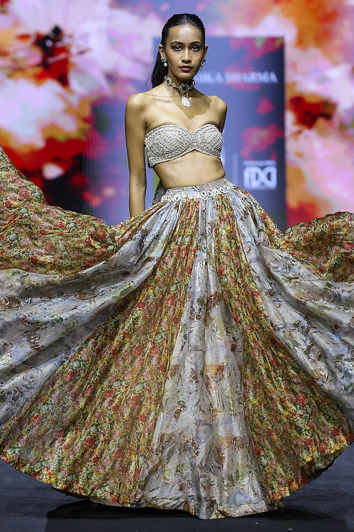 Nude Organza Floral Printed Wedding Lehenga Set by Bhumika Sharma at Pernia's Pop Up Shop