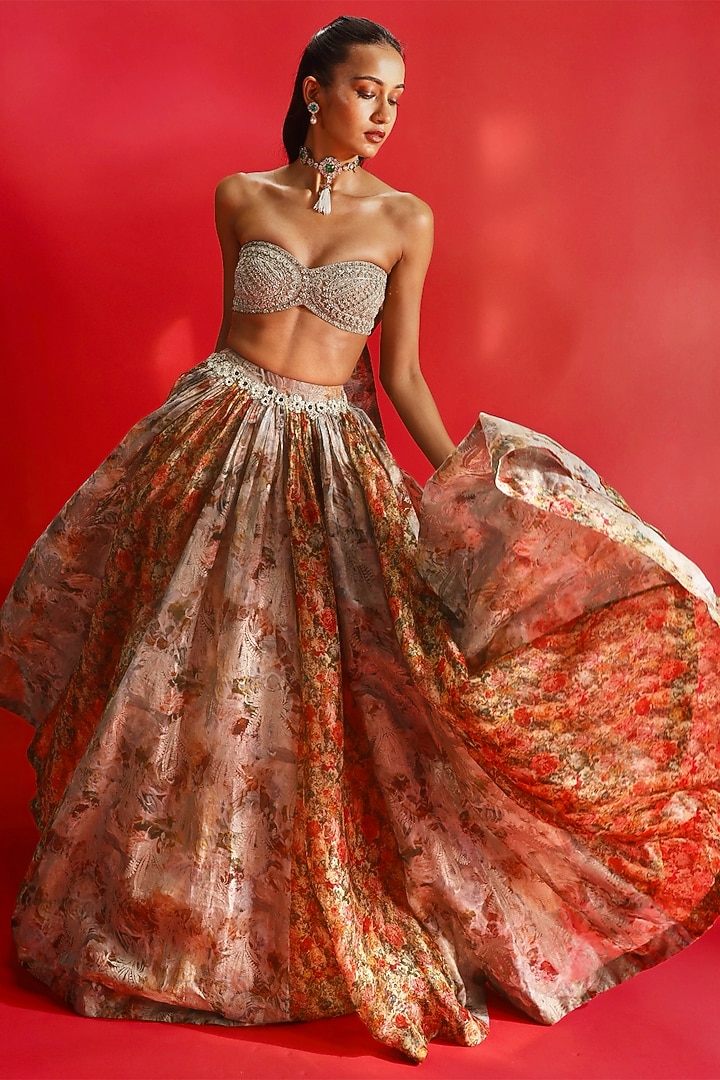 Nude Organza Floral Printed Wedding Lehenga Set by Bhumika Sharma at Pernia's Pop Up Shop
