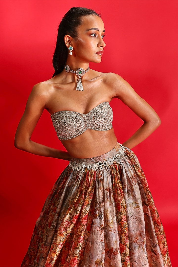 Nude Organza Floral Printed Wedding Lehenga Set by Bhumika Sharma at Pernia's Pop Up Shop