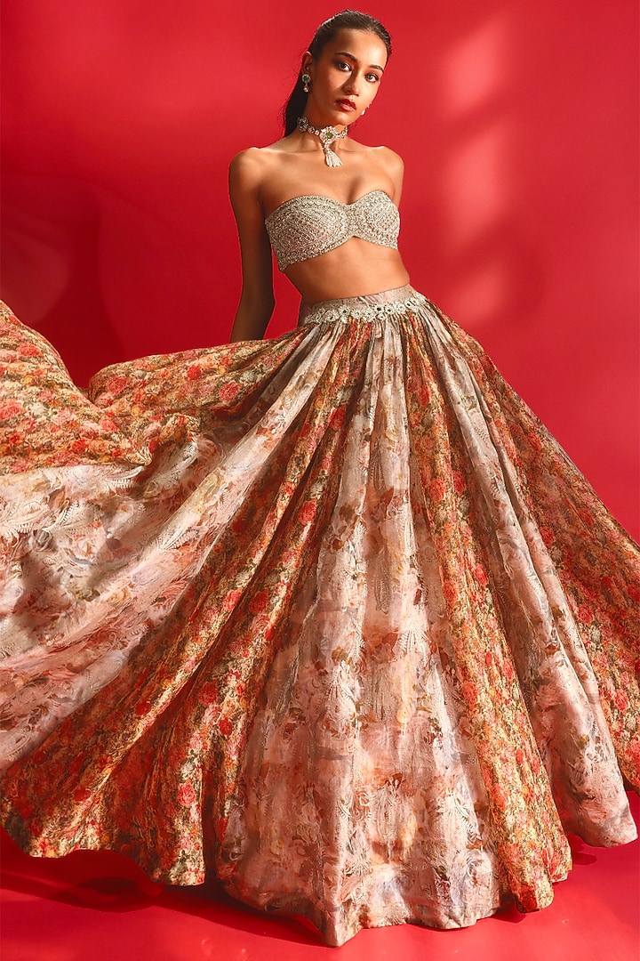 Nude Organza Floral Printed Wedding Lehenga Set by Bhumika Sharma at Pernia's Pop Up Shop