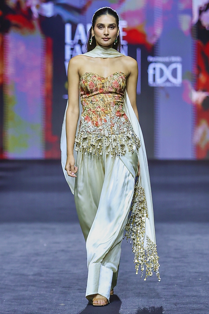 Multi-Colored Satin Organza Floral Embroidered Kurta Set by Bhumika Sharma at Pernia's Pop Up Shop