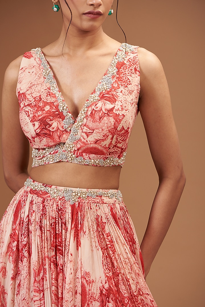Red Georgette Printed Wedding Lehenga Set by Bhumika Sharma at Pernia's Pop Up Shop