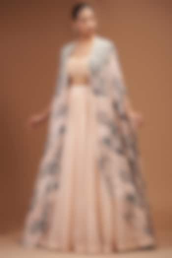 Champagne & Blue Georgette Embroidered Cape Set by Bhumika Sharma at Pernia's Pop Up Shop