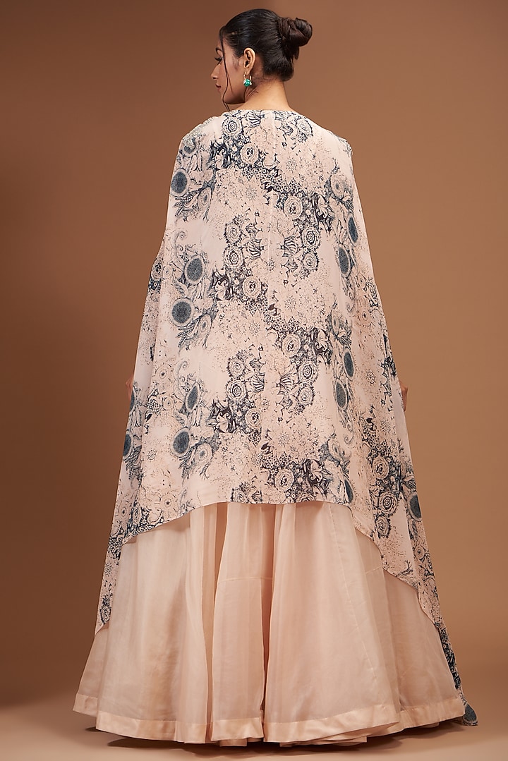 Champagne & Blue Georgette Embroidered Cape Set by Bhumika Sharma at Pernia's Pop Up Shop