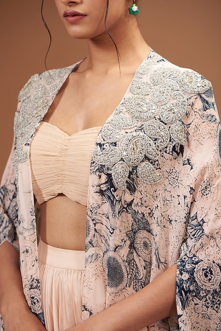 Champagne & Blue Georgette Embroidered Cape Set by Bhumika Sharma at Pernia's Pop Up Shop