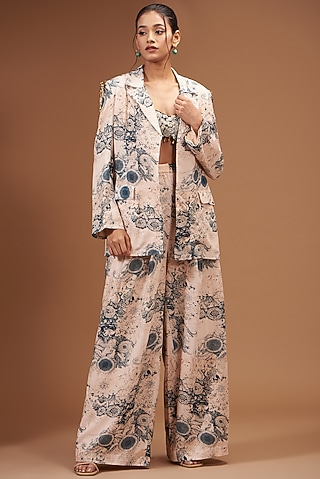 Champagne & Blue Printed Jacket Set by Bhumika Sharma