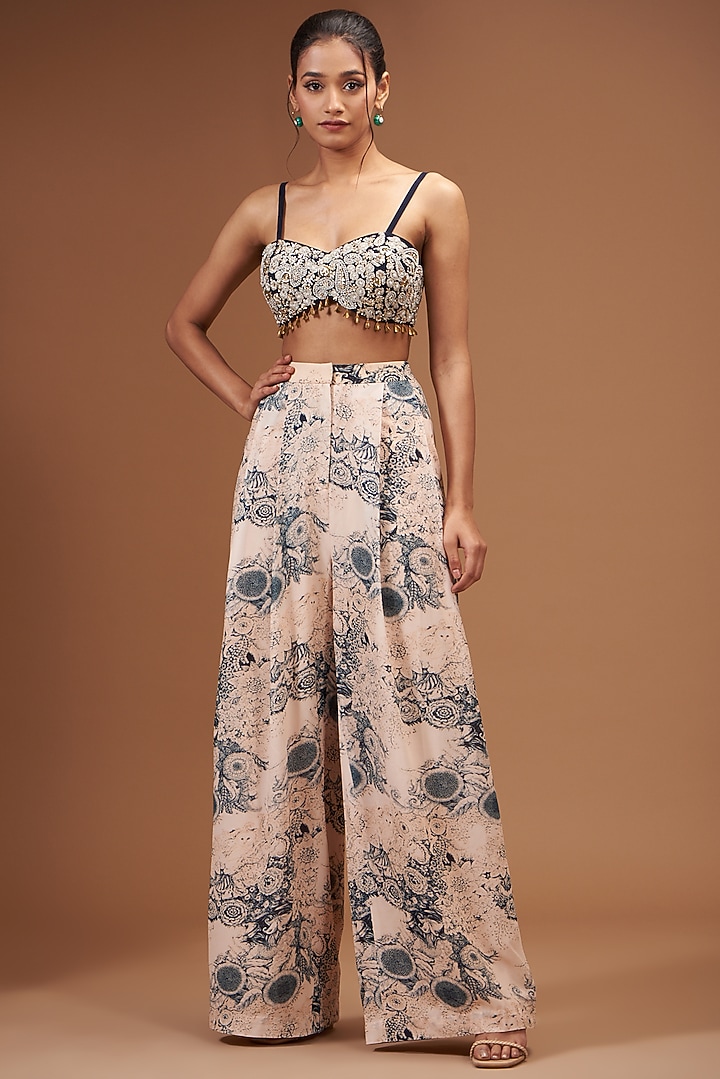 Champagne & Blue Printed Jacket Set by Bhumika Sharma at Pernia's Pop Up Shop