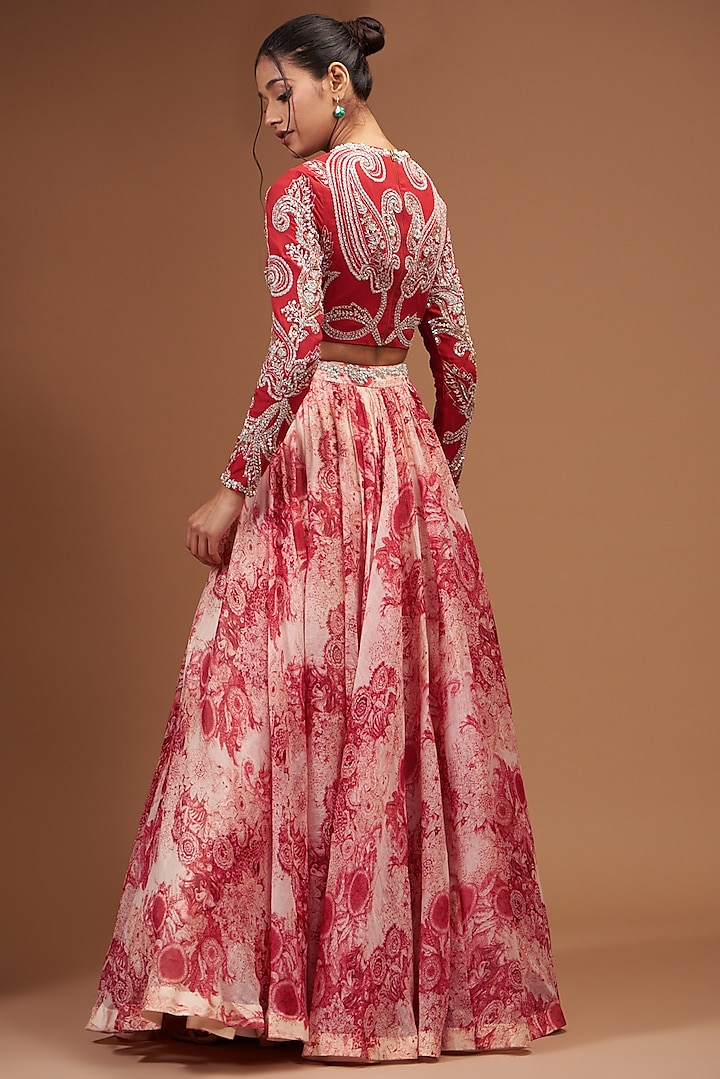 Red Organza Printed & Embroidered Bridal Lehenga Set by Bhumika Sharma at Pernia's Pop Up Shop