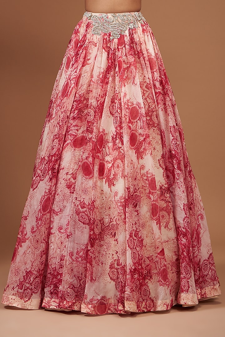 Red Organza Printed & Embroidered Bridal Lehenga Set by Bhumika Sharma at Pernia's Pop Up Shop