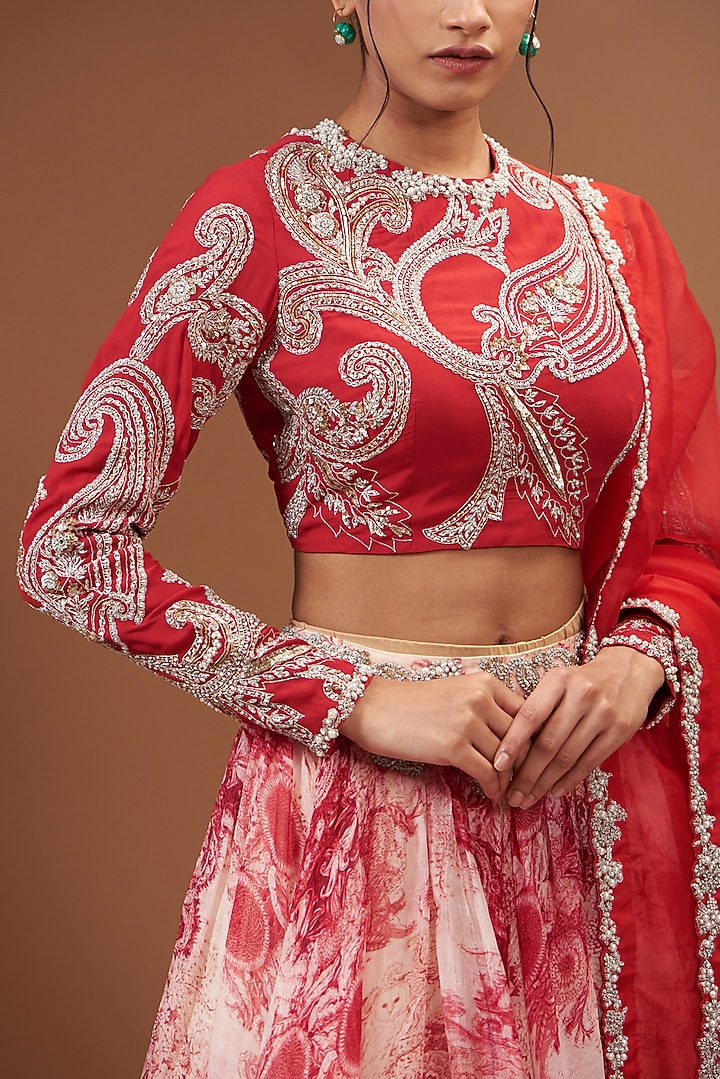 Red Organza Printed & Embroidered Bridal Lehenga Set by Bhumika Sharma at Pernia's Pop Up Shop