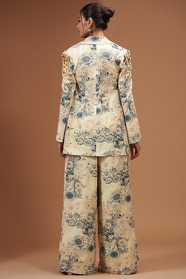 Champagne & Blue Georgette Printed Jacket Set by Bhumika Sharma at Pernia's Pop Up Shop
