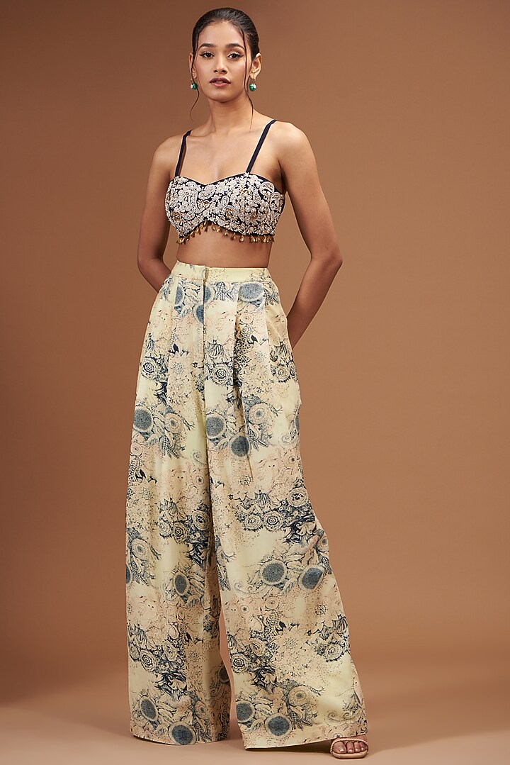 Champagne & Blue Georgette Printed Jacket Set by Bhumika Sharma at Pernia's Pop Up Shop