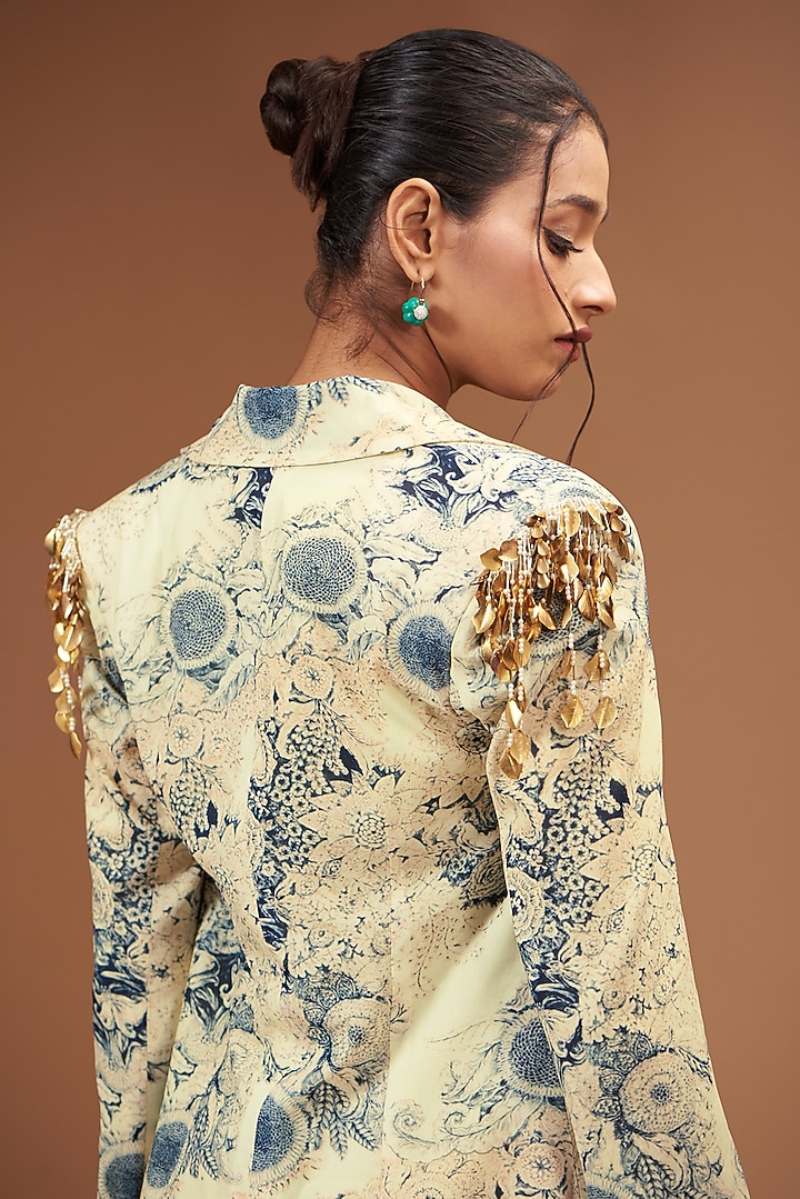 Champagne & Blue Georgette Printed Jacket Set by Bhumika Sharma at Pernia's Pop Up Shop