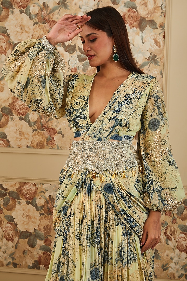 Mint & Blue Georgette Printed Palazzo Pant Wedding Saree Set by Bhumika Sharma at Pernia's Pop Up Shop