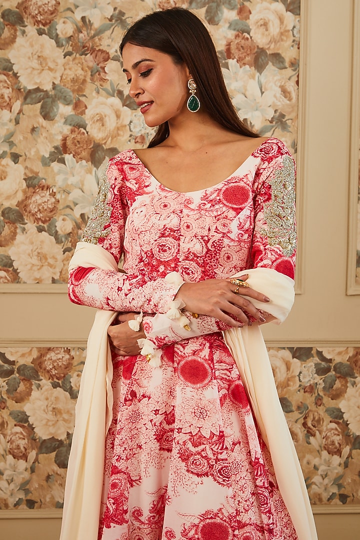 Red Georgette Printed Wedding Anarkali Set by Bhumika Sharma at Pernia's Pop Up Shop