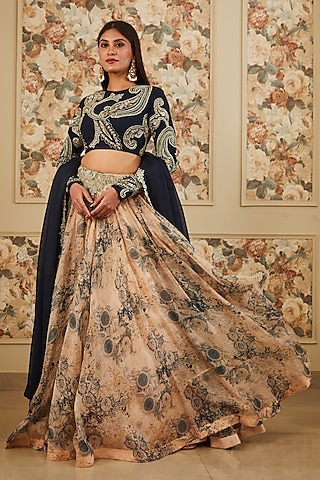 Beige Organza Printed Lehenga Set by Bhumika Sharma