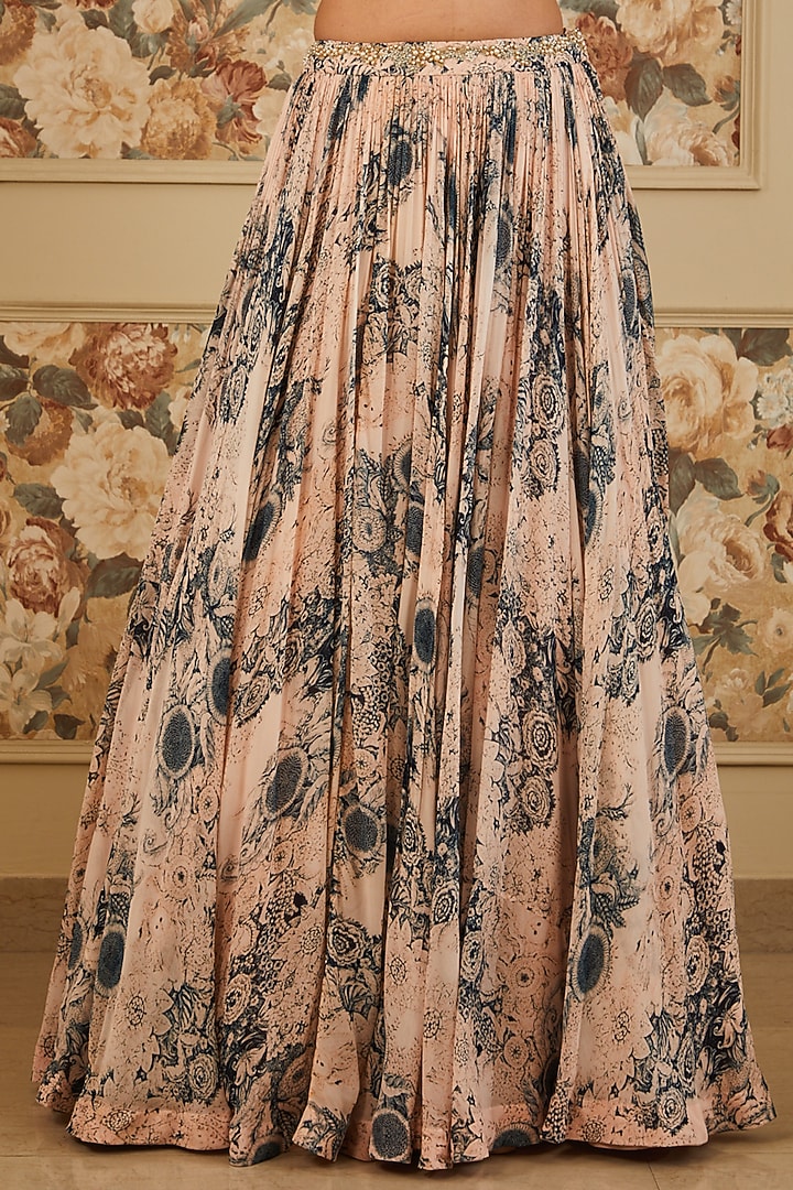 Champagne & Blue Georgette Printed Wedding Lehenga Set by Bhumika Sharma at Pernia's Pop Up Shop