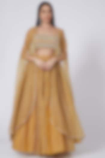 Haldi Yellow Organza Pleated Skirt Set by Bhumika Sharma