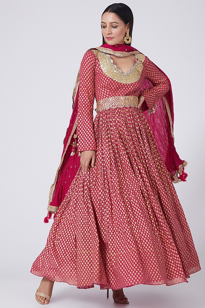 Rani Pink Printed Anarkali Set by Bhumika Sharma